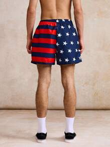 Surfspeed Men's US Flag Print Drawstring Waist Beach Shorts - Blue - View 6