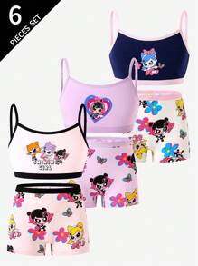 3件套可爱嘻哈飞女孩印花棉质舒适吊带背心和平角短裤内衣套装适合年轻女孩返校时尚