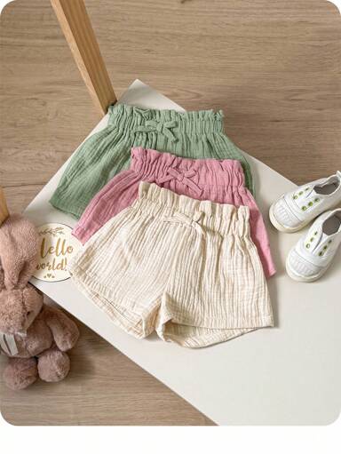 Baby Girl Casual Summer Elastic Waistband Solid Color Shorts 3pcs Set