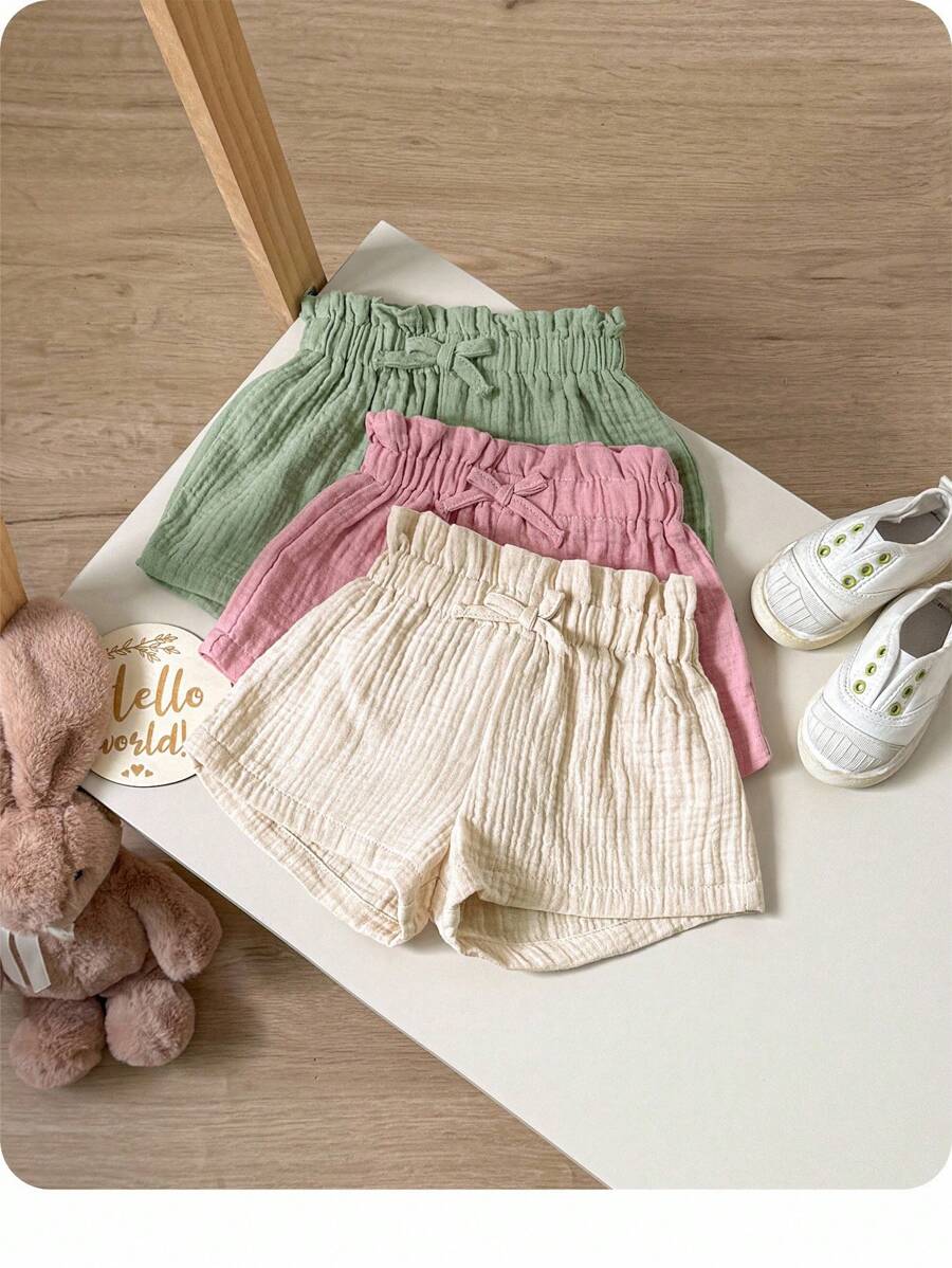 Baby Girl Casual Summer Elastic Waistband Solid Color Shorts 3pcs Set - Multicolor - View 1