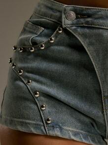 MUSERA 中腰铆钉牛仔短裤，西部乡村风，秋季街头服饰，节日优雅，Y2K性感可爱，90年代波西米亚风，中西部时尚，春夏 - 淺色水洗藍 - 查看 6