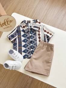 Baby Boy/Girl 2pcs Casual Retro Pattern Print Short Sleeve Shirt With Solid Color Shorts, Comfortable And Stylish Outfit