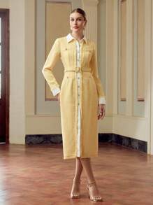 ZEYLAH Women's Elegant Mid-Length Dress With 2 In 1 Design, Long Sleeve, Single-Breasted Fall Cloth For Women