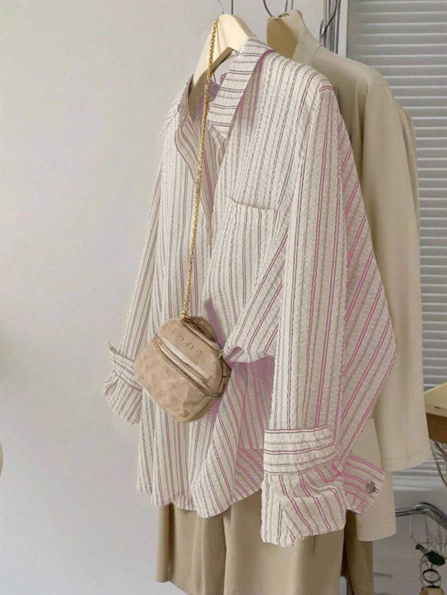 INAWLY 女士标准尺寸休闲度假条纹长袖衬衫 - 粉色 - 查看 1