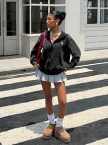 Muchica 女士休闲黑色连帽拉链运动衫 - 黑色 - 查看 6