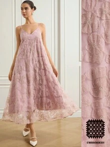 Aveloria Rosie 奢华小众亮片镂空花卉 3D 串珠刺绣连衣裙，女式长礼服 - 藕粉色 - 查看 8