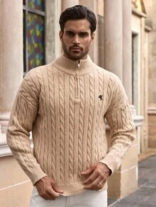 HIMLAND Men's Autumn/Winter Zipper Half-Open Chest Fashionable Knitted Pullover Sweater, Casual Knitwear Cable Knit Sweater Men Knit Jersey Quarter Zip Polo Sweater, Long Sleeve Top - Apricot - View 7
