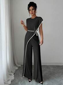 女式夏季时尚撞色镶边阔腿连体裤 - 黑色 - 查看 5