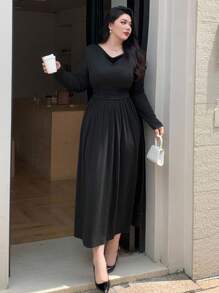 Dazy Plus Đầm maxi dài tay ôm sát, cổ xếp ly, màu trơn, co giãn, dành cho nữ, mùa thu/đông. - màu đen - Xem 4