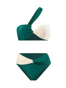 Swim Oasis 3 件套女士新款夏季海滩度假性感单肩拼布露背纹理泳衣上衣，搭配拼布腰部比基尼泳裤和叶印花网眼裙，高级泳装套装 - 彩色 - 查看 3