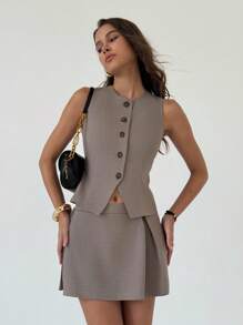Aloruh Solid Color Round Neck Front Button Sleeveless Top And Mini Skirt Elegant 2 Pieces Set In Fall/Winter