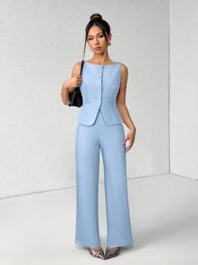 SHEIN PETITE 女士纯色圆领单排扣背心和裤子优雅通勤套装，夏秋季女装女套装办公室装商务休闲女两件套秋季女装办公室装女套装女式西装套装