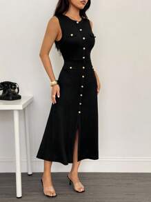 SHEIN PETITE 新款春夏休闲优雅圆领无袖包边装饰金属扣鱼尾裙开襟包臀裙黑色纹理针织面料女长裙-B，商务休闲女装