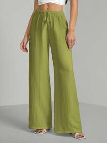 SHEIN Tall Loose Cotton Drawstring Waist Trousers In Textured Crinkle Fabric - Army Green - View 6
