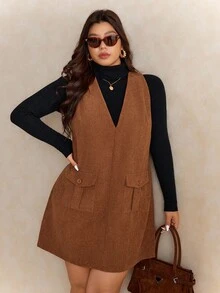 Elaquor Plus Size Women's Solid Color Utility Pocket V-Neck Casual Sleeveless Dress