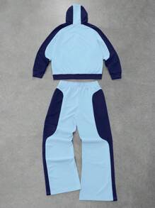 Manfinity EMRG 男士休闲运动连帽卫衣和运动裤两件套；针织运动服；拉链连帽衫和松紧腰慢跑裤；极简色块和星星印花设计，层次分明，活力四射，清新活力，适合日常、时尚、返校、户外、休闲、运动等各种场合。节日礼物，男友礼物，男士两件套蓝色两件套男士男士色块套装 Y2k 运动服男士慢跑套装，秋装