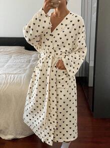 Livesso Heart Pattern Allover Print Long Sleeve Casual Bathrobe With Waist Belt Pajama, Fall, Winter - Black and White - View 5