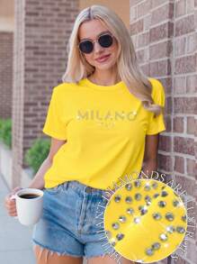 Flirla 大码女款 MILANO ITALY 字母印花 T 恤短袖休闲上衣 MILAN ITALY 图案 T 恤女款上衣