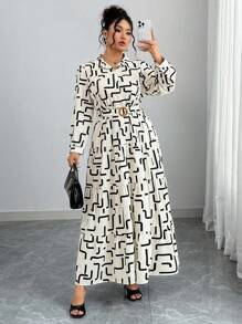 Flirla Damen Große Größen Geometrisches Muster Langarm Rüschen Saum Lässig Hemdkleid - Aprikosenfarben - Übersicht 5