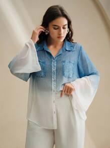 Anewsta 女士长袖渐变蓝色雪纺衬衫，优雅时尚 - 藍色 - 查看 3