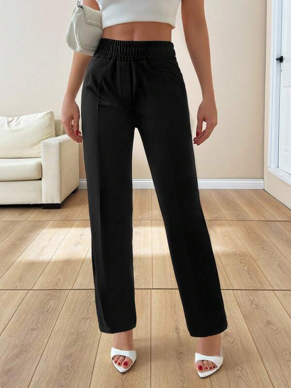 EURMUSE Women Solid Color Elastic Waist Wide Leg Pants