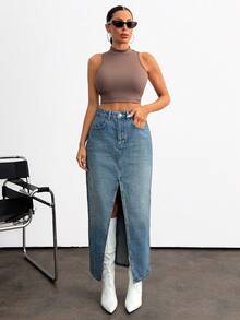 EURMUSE Women's High Waist Pocketed Slit Hem Long Denim Skirt Jean Skirt With Slit Jean Skirt Y2k Long Jean Skirt Split Denim Skirt - Medium Wash - View 3