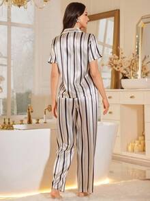 LuxeNights Conjunto de pijama de mujer con bolsillo a rayas y bordado, conjunto de pijama de satén para mujer - Multicolor - Ver 2