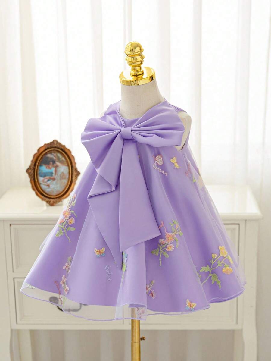 Glamorique Kids Purple Floral Summer Elegant Wedding Guest Girls Sleeveless Satin Princess Dress,Birthday Party Gown With Bow Decor & Embroidered Hem For Recital - Purple - View 1