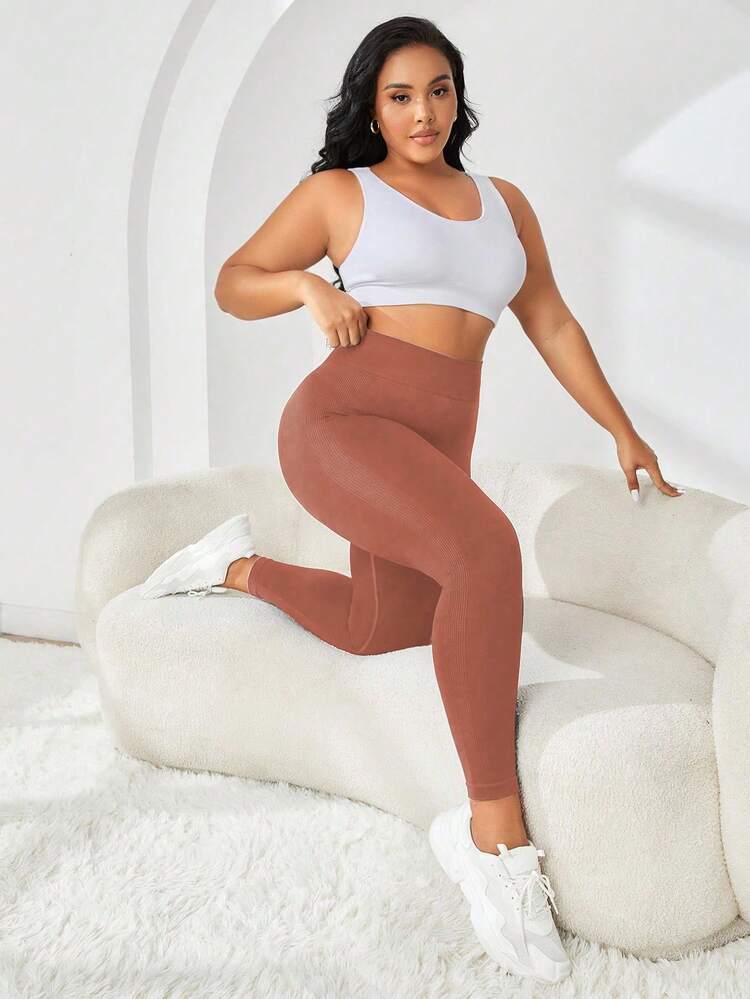 SHEIN Sports 大码无缝合身运动紧身裤 - 紅木色 - 查看 5