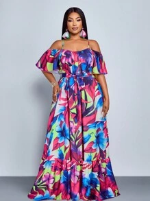 SOLERSUN Plus Size Spring And Summer New Style Lotus Leaf Edge Short Sleeve Lacing Pleated Loose Floor A Hanging Shoulder Dress Elegant Leisure Vacation Sexy Plant Flower Fashion Women's Clothing - Hot Pink - View 3