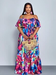 SOLERSUN Plus Size Spring And Summer New Style Lotus Leaf Edge Short Sleeve Lacing Pleated Loose Floor A Hanging Shoulder Dress Elegant Leisure Vacation Sexy Plant Flower Fashion Women's Clothing - Hot Pink - View 5