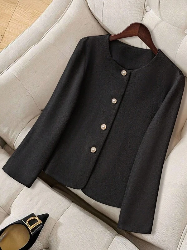 SHEIN Lacomfia Chaqueta elegante de mujer de unicolor, cuello redondo, manga larga para uso diario