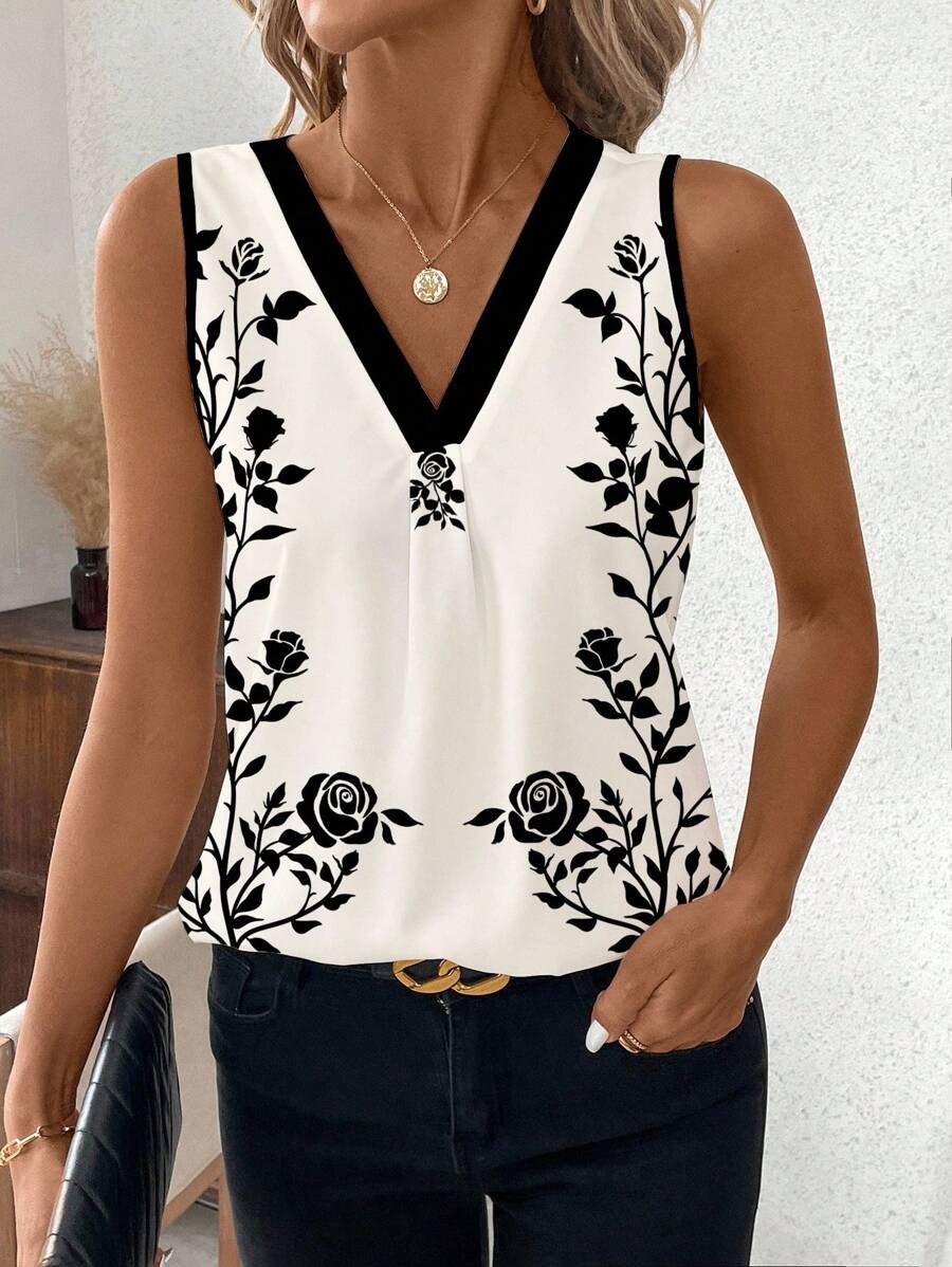 SHEIN Clasi 女士玫瑰印花无袖V领背心，夏季 - 杏色 - 查看 1
