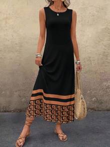 EMERY ROSE Casual Textured Round Neck Long Dress For Women, Suitable For Summer Black Summer Dress Chic Dress - Black - View 5