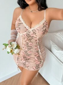 SHEIN 大码浪漫田园系列蝴蝶刺绣拼布透明网眼褶皱内衣裙（带钢圈）