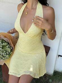 SHEIN EZwear 女式纯色荷叶边下摆露背深 V 领无袖性感黄色吊带连衣裙