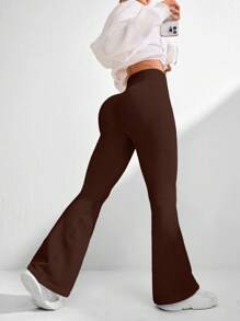 Easithlete 女士纯色高腰喇叭无缝运动瑜伽紧身裤 - 咖啡棕 - 查看 7