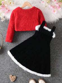 SHEIN 2件組少女聖誕紅色毛絨外套與黑色洋裝套裝，少女毛絨毛衣套裝，節日冬季秋季兩件式套裝 - 彩色 - 查看 2