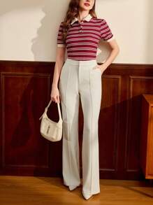 Vintamour Áo thun cổ bẻ cổ bẻ Jacquard thanh lịch cổ điển dành cho nữ, áo thun đi làm, áo thun đi chơi mùa hè dành cho nữ, áo thun nữ đi nghỉ, trang phục phương Tây dành cho nữ, trang phục công sở thường ngày dành cho nữ, trang phục mùa hè dành cho nữ, trang phục đi chơi dễ thương dành cho nữ, trang phục công sở dành cho nữ, trang phục nhà thờ dành cho nữ, trang phục mùa hè dành cho nữ, trang phục trở lại trường dành cho giáo viên, trang phục đi chơi dành cho nữ, trang phục mùa thu dành cho nữ, trang phục nhà thờ - Màu Đỏ Sâu - Xem 4