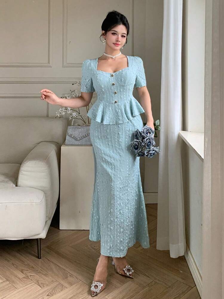 Spring/Summer Textured Striped Fabric Elegant Casual Ruffle Patchwork Waist Sequin Wedding Party 2 In 1 Collared Mid-Length Dress For Women Maxi Dress