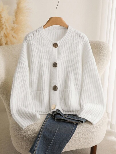 CosyJoli Plus Size Elegant French Casual Knit Cardigan, Thick High-End Minimalist Metal Button Commuter Sweater Jacket For Women Knitted Cardigan Women White Cardigan White Button Up Cardigan White Knit Cardigan White Cardigan Sweater Knitted Cardigan For Women In Fall/Winter
