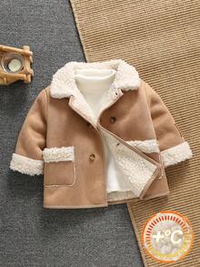 SHEIN Baby Boys Thermal Lined Thickened Soft Comfortable Casual Versatile Classic Lapel Long Sleeve Coat, Mid-Length Outerwear, Suitable For Indoor, Outdoor, Daily, Sports, Play, Party, Holidays, Back To School Streetwear, Autumn/Winter Fall