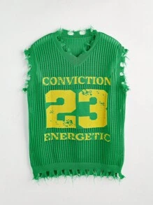 Manfinity Roughcore Plus Size Men's Letter & Number Graphic Fringed Trim Knitted Vest - Green - View 2