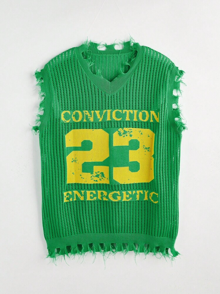 Manfinity LEGND Plus Size Men's Letter & Number Graphic Fringed Trim Knitted Vest - Green - View 2