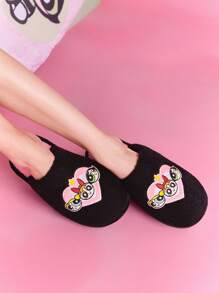 THE POWERPUFF GIRLS X SHEIN 时尚卡通刺绣防滑室内拖鞋女童柔软毛绒保暖冬季可爱家居鞋花朵、泡泡和毛茛，耐用鞋底，居家卧室空调房春秋冬 - 黑色 - 查看 10