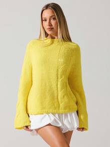 Menodora SHEIN Sport Women's Casual The Light Yellow Semi-High Neck Twisted Sweater Coat Is Slim And Versatile For Autumn,Back To School,Contains Wool Content - Yellow - View 4