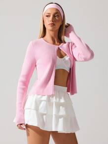 Fluxe Women's Early-Autumn Cherry-Blossom Pink Soft Knit Cardigan – Minimalist, Relaxed-Fit Long-Sleeve Sweater,Back To School,Contains Wool Content