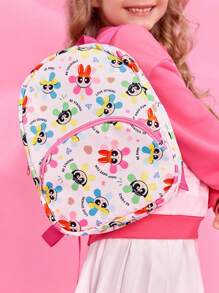 THE POWERPUFF GIRLS X SHEIN 1 件可爱卡通图案印花涤纶背包，幼儿背包，学龄前 3 岁以上，可调节肩带，适合男孩和女孩，泡泡、花朵、毛茛、爱心 - 彩色 - 查看 3