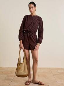 INAWLY Casual Solid Color Waist Cinched Romper Fall Cloth For Women - Brown - View 5