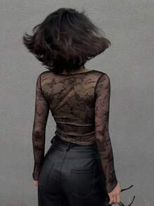 Strévra Women's V-Neck Lace Bodycon Short Long Sleeve T-Shirt